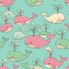 Adorable Cute Kawai Whales Seamless Pattern, Cartoon Marine Animals Background Illustration