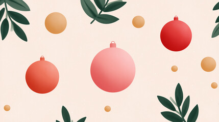 Colorful holiday ornaments in red and pink, surrounded by green leaves and golden circles, creating a festive and cheerful atmosphere for seasonal celebrations and decorations