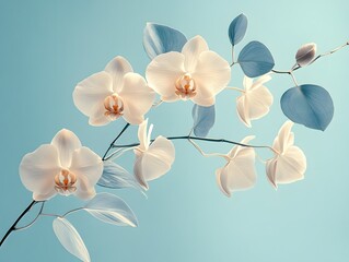 Delicate pale pink orchids bloom against a soft blue background