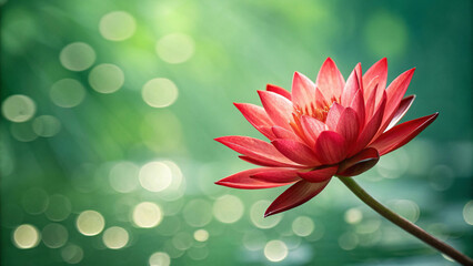 Striking coral-pink water lily displays pointed petals radiating from golden center, green bokeh background emphasizes exotic tropical flower beauty dramatically.