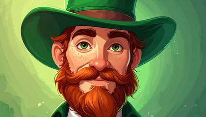 An illustrated close-up of a smiling man with red hair and a ginger mustache, wearing a green hat and coat, against a light green backdrop