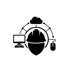 This compelling black and white emblem features a safety helmet (hard hat), representing the hands-on architect or site manager, seamlessly combined with digital data symbols