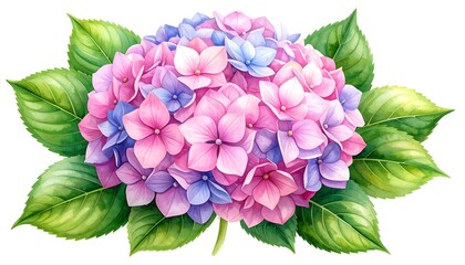 An illustrated cluster of vibrant pink, blue, and purple hydrangea blooms, surrounded by lush green leaves, a floral masterpiece