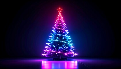 A vibrant neon Christmas tree glowing with pink and blue lights against a dark background