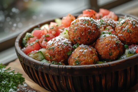 Meatballs topped with par pars in a bowl.