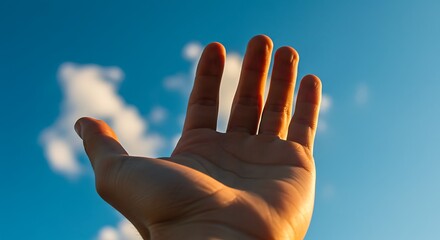 Open hand reaching toward a clear blue sky with sunlight