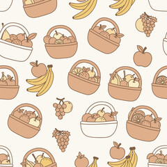 Seamless Pattern Cute Kawaii Fruit Baskets with Apples and Bananas