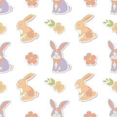 Seamless Pattern with Cute Kawaii Bunnies, Flowers, and Pastel Colors