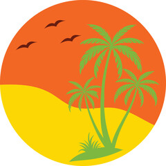 Vibrant sunset over sandy beach with palm trees and soaring birds, evoking tropical paradise