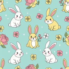Seamless Pattern Cute Kawaii Bunnies and Flowers on Turquoise