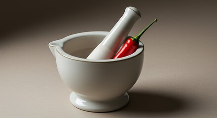 White mortar and pestle with red chili pepper on light background