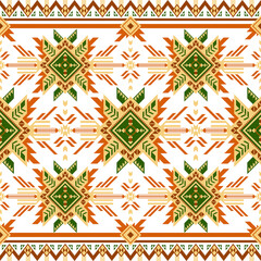 A tribal-inspired textile pattern with bold star-like geometric motifs in framed by intricate diamond borders, a vibrant symmetrical design. Native American ethnic pattern. Vector ethnic seamless.