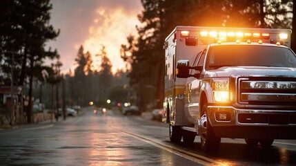 ambulance with flashing emergency lights drives down  wet street at dusk surrounded by trees and distant lights
