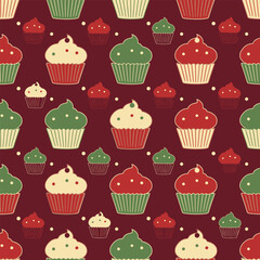 Seamless Pattern Cute Kawaii Cupcakes on Dark Red Background