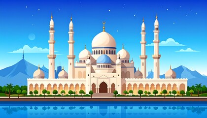 A mosque at twilight, reflected in water