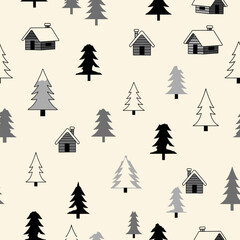 Obraz premium Charming Winter Forest Seamless Pattern with Cute Kawaii Cabins and Evergreen Trees, Ideal for Festive Decor or Textile Designs