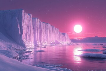 Pink sunset over frozen lake with icebergs.