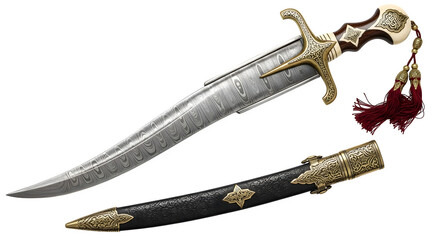 Ceremonial dagger with scabbard isolated on transparent background is displayed