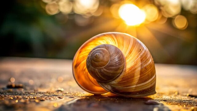 Close up of a snail shell illuminated by the sun.