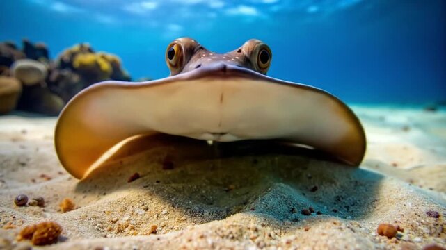 Close up of a stingray resting on the sandy ocean floor.