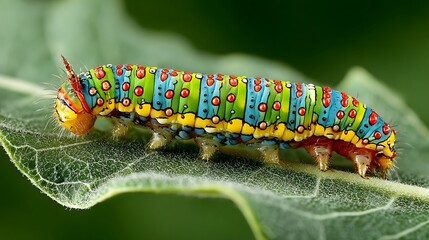 Vibrantly colored caterpillar with intricate patterns crawling on a green leaf