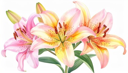 Realistic illustration of three lilies in varying pink & yellow hues, green stems