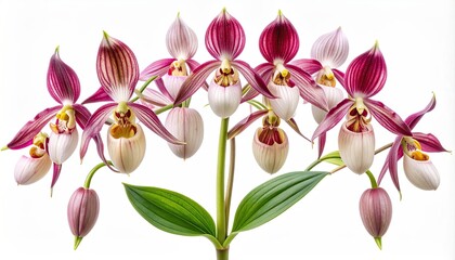 Lush stem of orchids in shades of red, pink, white, and yellow against white