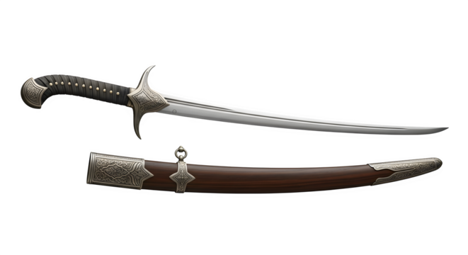 Scimitar isolated on transparent background, a curved sword of middle eastern origin