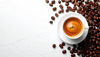 Coffee cup with espresso and scattered roasted beans on white textured surface