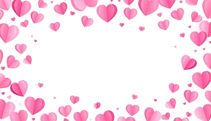 Pink paper hearts arranged in a frame against a white background, perfect for love