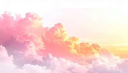 Pastel sky ablaze with fluffy, luminous clouds, kissed by a warm, glowing light