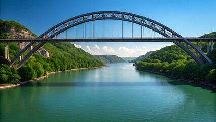 Obraz premium Majestic arch bridge spanning a wide river valley with lush green mountains