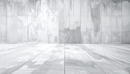 Interior shot. Textured concrete walls, tiled floor. Subtle light, neutral tones