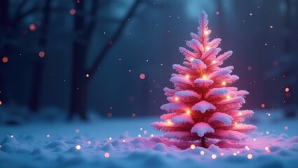 Pink Christmas Tree in Winter Landscape with Lights
