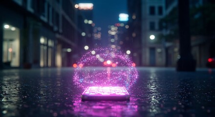 Smartphone hologram displaying data over urban street at night