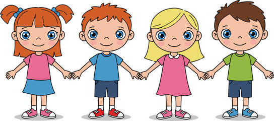 Cartoon children holding hands together, happy boys and girls standing side by side, friendship, teamwork, unity, smiling kids illustration