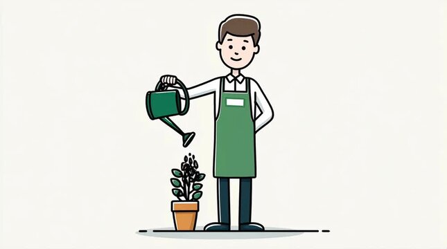 Simple illustration of a man in a green apron carefully watering a small potted plant. Clean lines and light background.