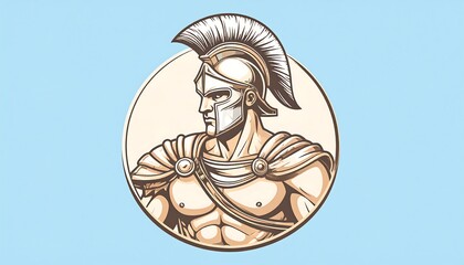 An illustrated muscular warrior in a stylized golden helmet and armor, depicted in profile against a light blue background