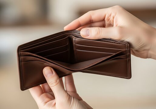An empty brown leather wallet displayed by a pair of hands conveying financial challenges or lack of funds