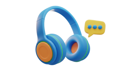 Blue Headphones with Orange Accents and Speech Bubble Icon audio music isolated on a transparent background