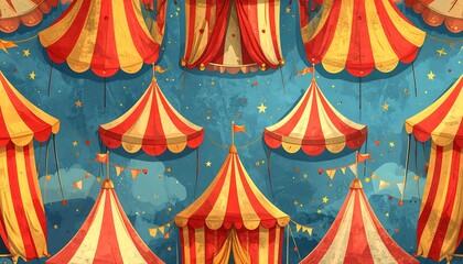 An illustrated pattern shows circus tents in red and yellow stripes, arranged on a textured blue backdrop with scattered stars