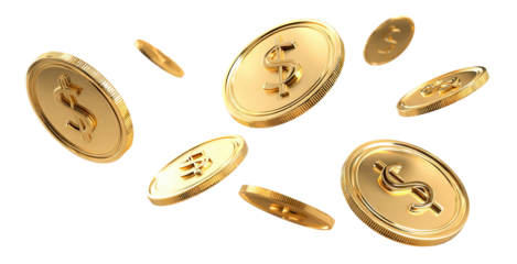 Shiny gold dollar coins flying in mid air, isolated on transparent cutout background