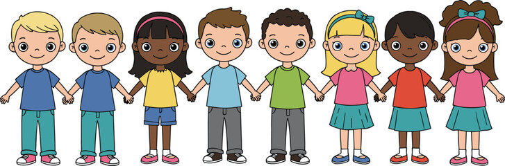 Diverse children holding hands, happy kids group illustration, friendship, unity, teamwork, equality, togetherness, smiling boys and girls cartoon