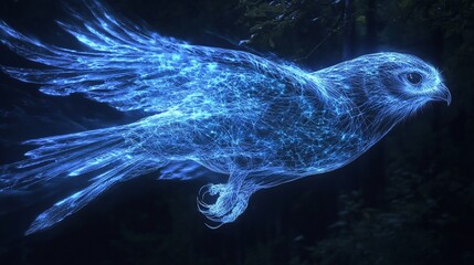 Glowing Falcon in Flight, Night Forest