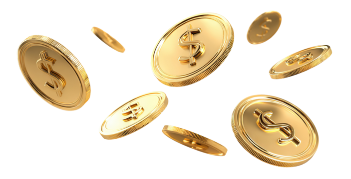 Shiny gold dollar coins flying in mid air, isolated on transparent cutout background