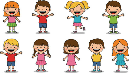 Group of happy cartoon children standing and smiling, boys and girls in colorful clothes, joyful kids illustration, friendship, childhood, fun activity