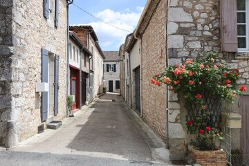 Rue bordée de maisons typiques dans le village, village de Monflanquin, département du Lot et Garonne, France