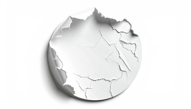 A torn, circular piece of white paper with a ripped edge and cracks