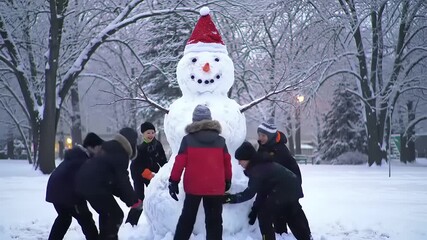 Group of diverse children happily building a large snowman adorned with a festive Santa hat and stick arms in a beautiful snowy park ,enjoying winter outdoor fun and holiday activities. - Powered by Adobe