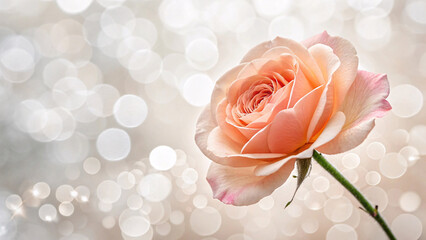 Soft peach-colored rose with pink-tinted petals displays intricate layers against dreamy cream background, illuminated by warm light and floating bokeh spheres.
